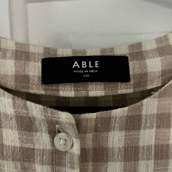 Able Tan and Cream Gingham Puff Sleeve Baby Doll Dress - Picture 2 of 3